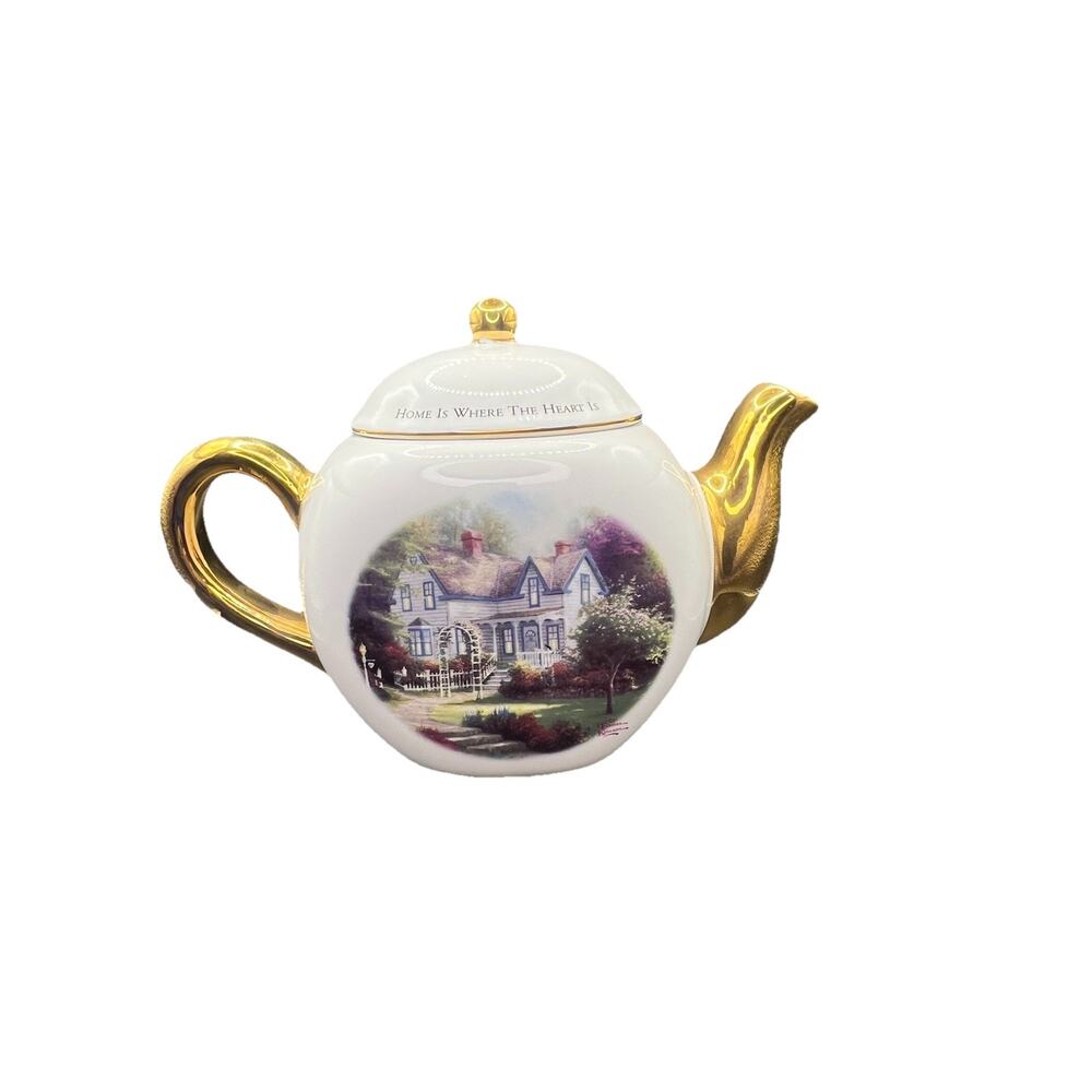 Thomas Kinkade Teapot‎ Home Is Where The Heart Is Teleflora Tea Pot Gold Trim